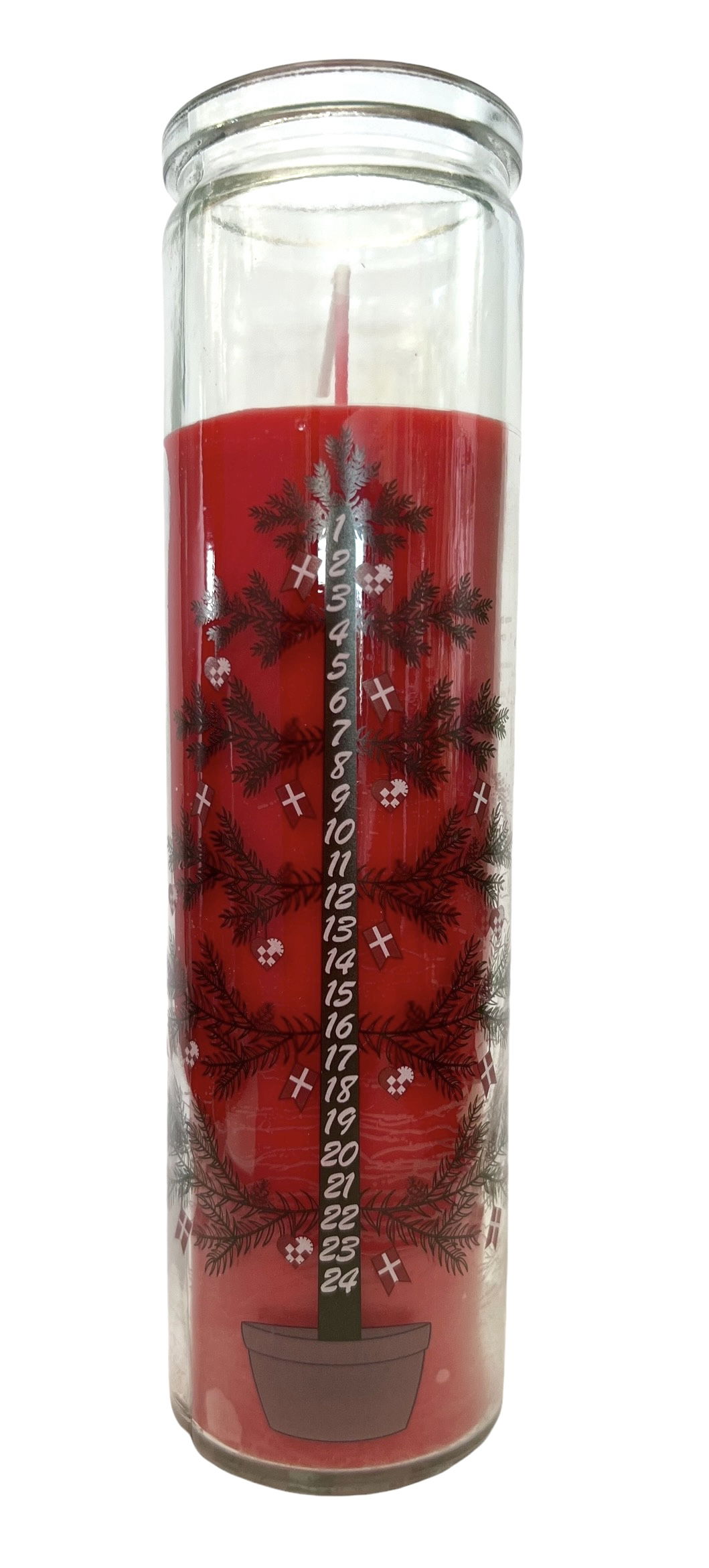 Red calendar candle in glass with Christmas tree